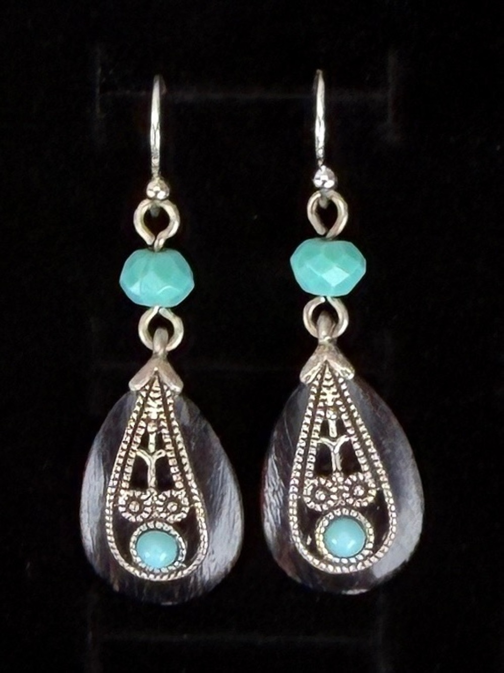 Southwestern chic, Silvertone, black and blue pierced earrings